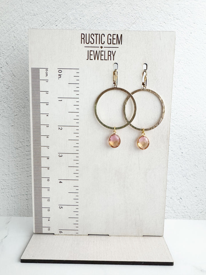 Pink Peach Aura Quartz Hoop Earrings in Brushed Gold