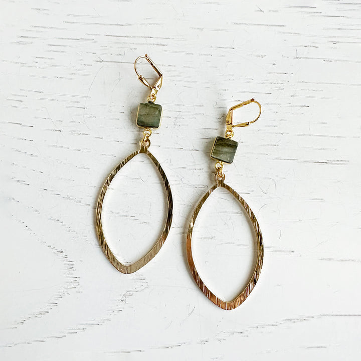 Large Marquise and Labradorite Statement Earrings in Brushed Gold