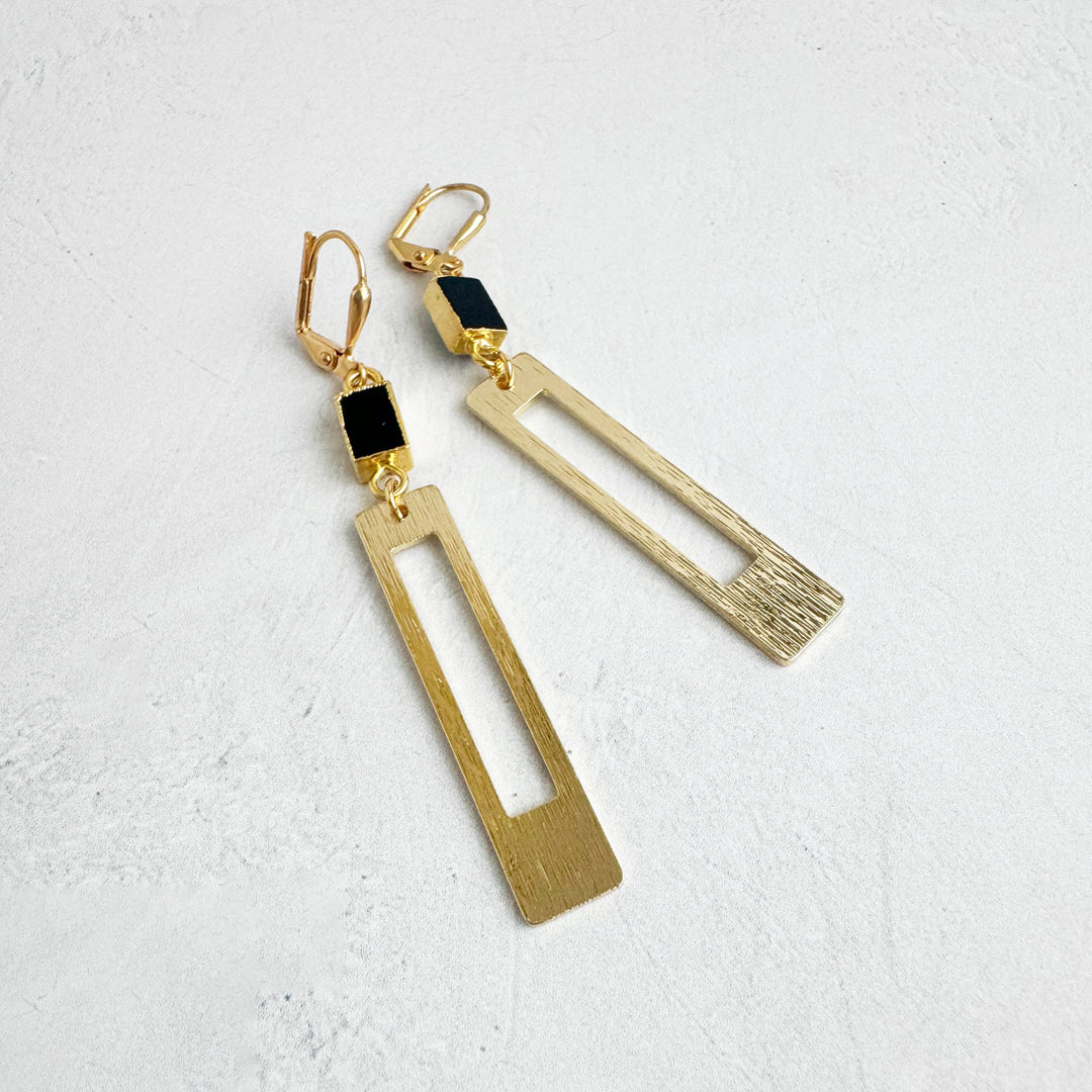 Black Onyx Rectangle Dangle Earrings in Brushed Gold