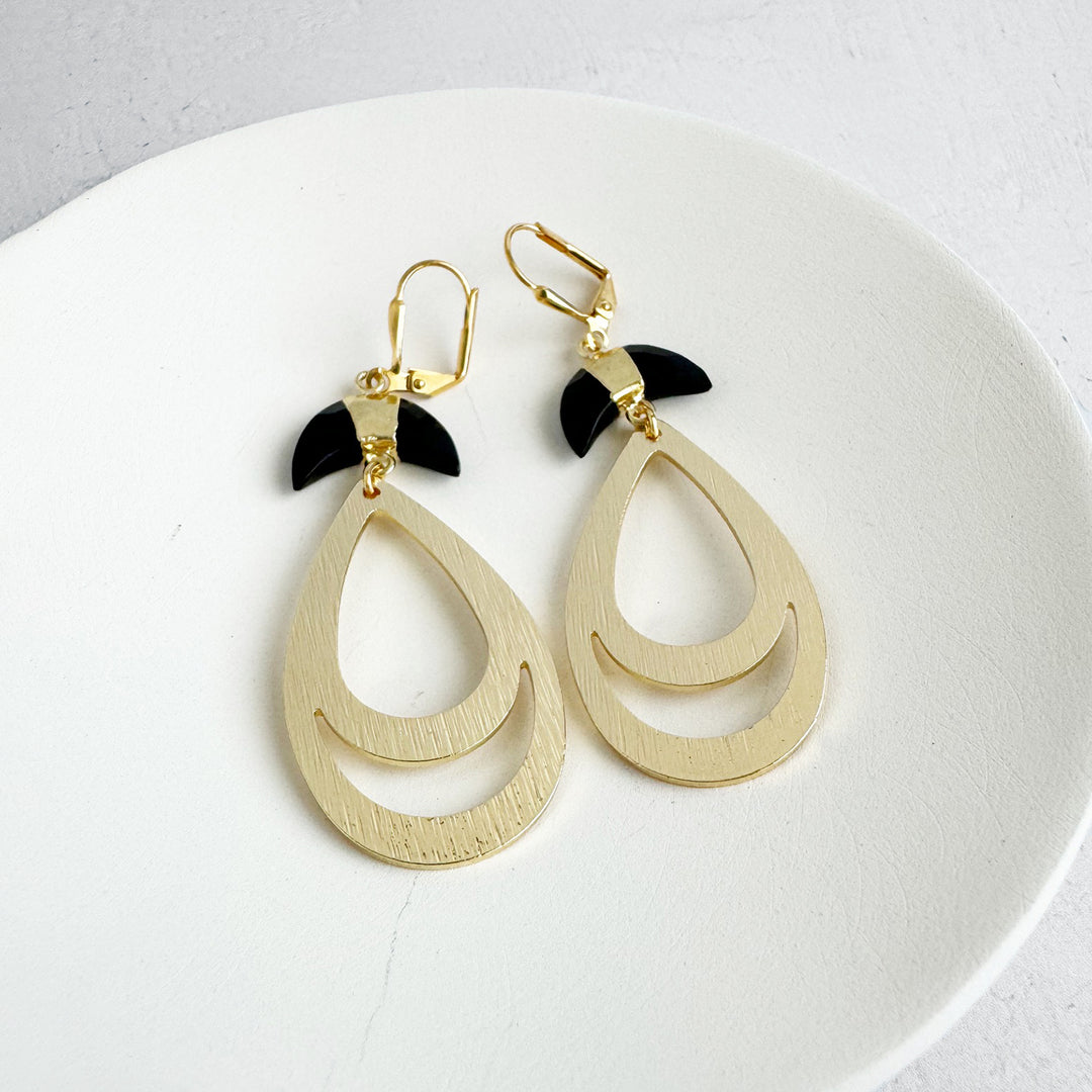 Black Onyx Crescent Teardrop Earrings in Brushed Gold