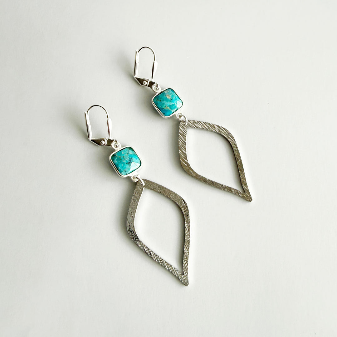 Turquoise Halo Drop Dangle Earrings in Brushed Silver