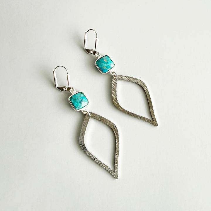 Turquoise Halo Drop Dangle Earrings in Brushed Silver