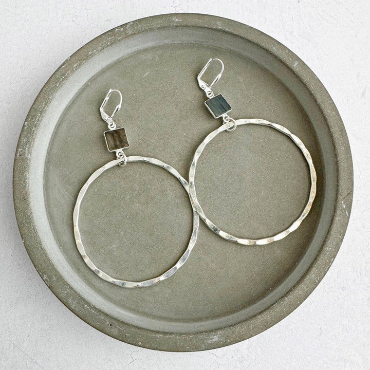 Labradorite Hammered Hoop Earrings in Silver