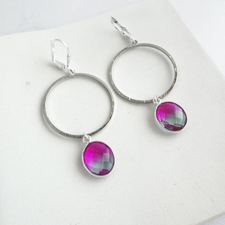 Pink Aura Quartz Hoop Dangle Earrings in Brushed Silver