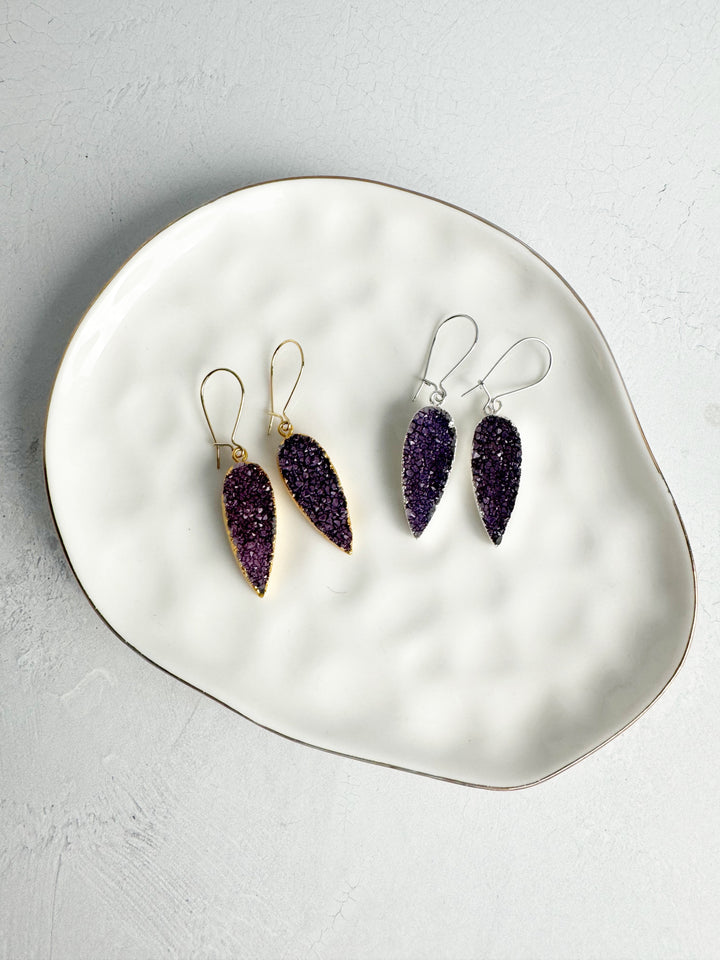 Purple Druzy Teardrop Earrings in Gold & Silver