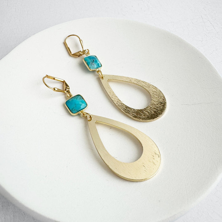 Turquoise Teardrop Statement Earrings in Brushed Gold