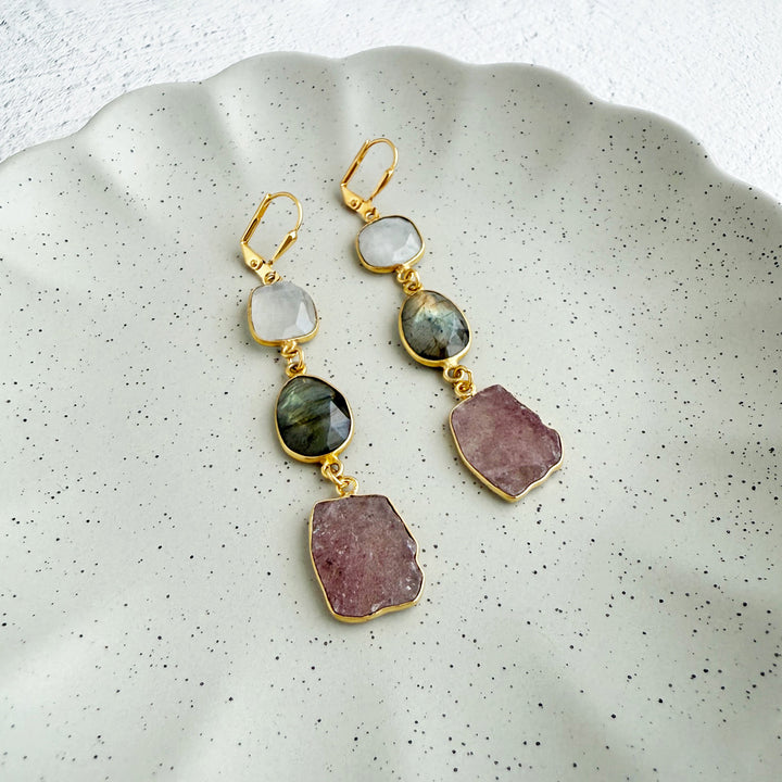 Long Freeform Gemstone Drop Earrings in Gold with Moonstone, Labradorite and Strawberry Quartz