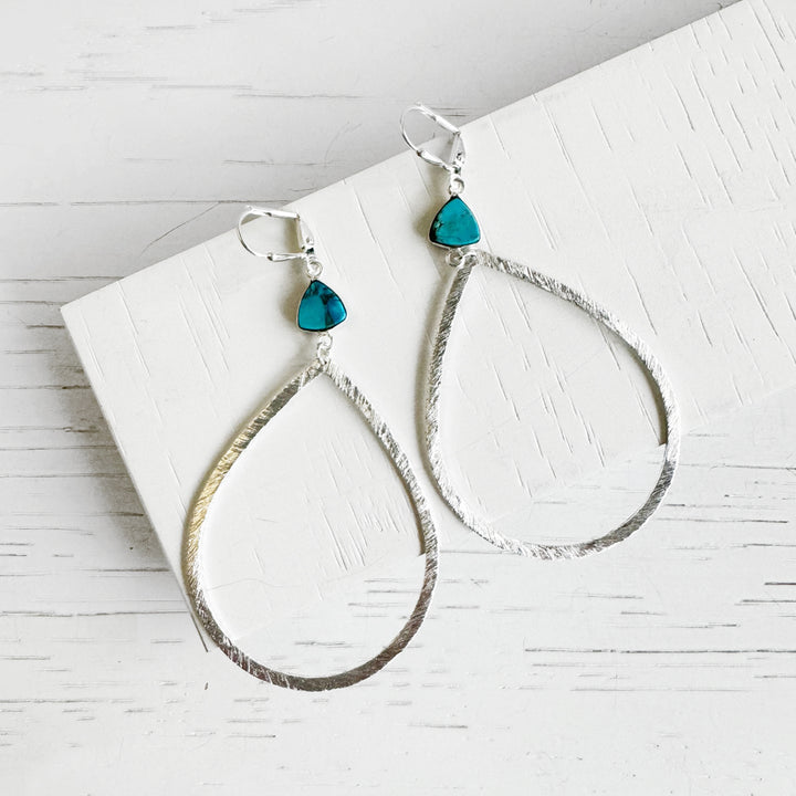 Large Teardrop and Turquoise Dangle Earrings in Brushed Silver