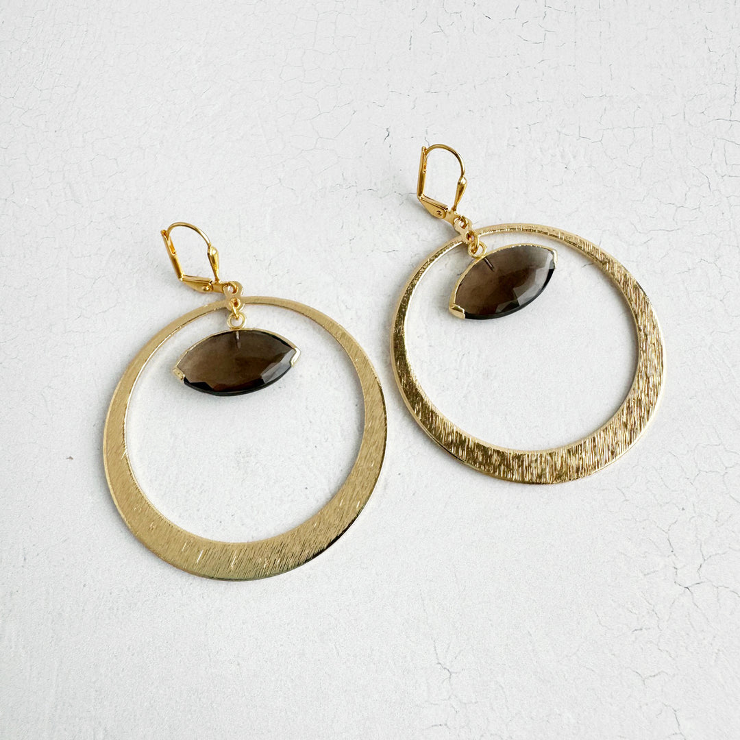 Smoky Quartz Evil Eye Hoop Earrings in Brushed Gold