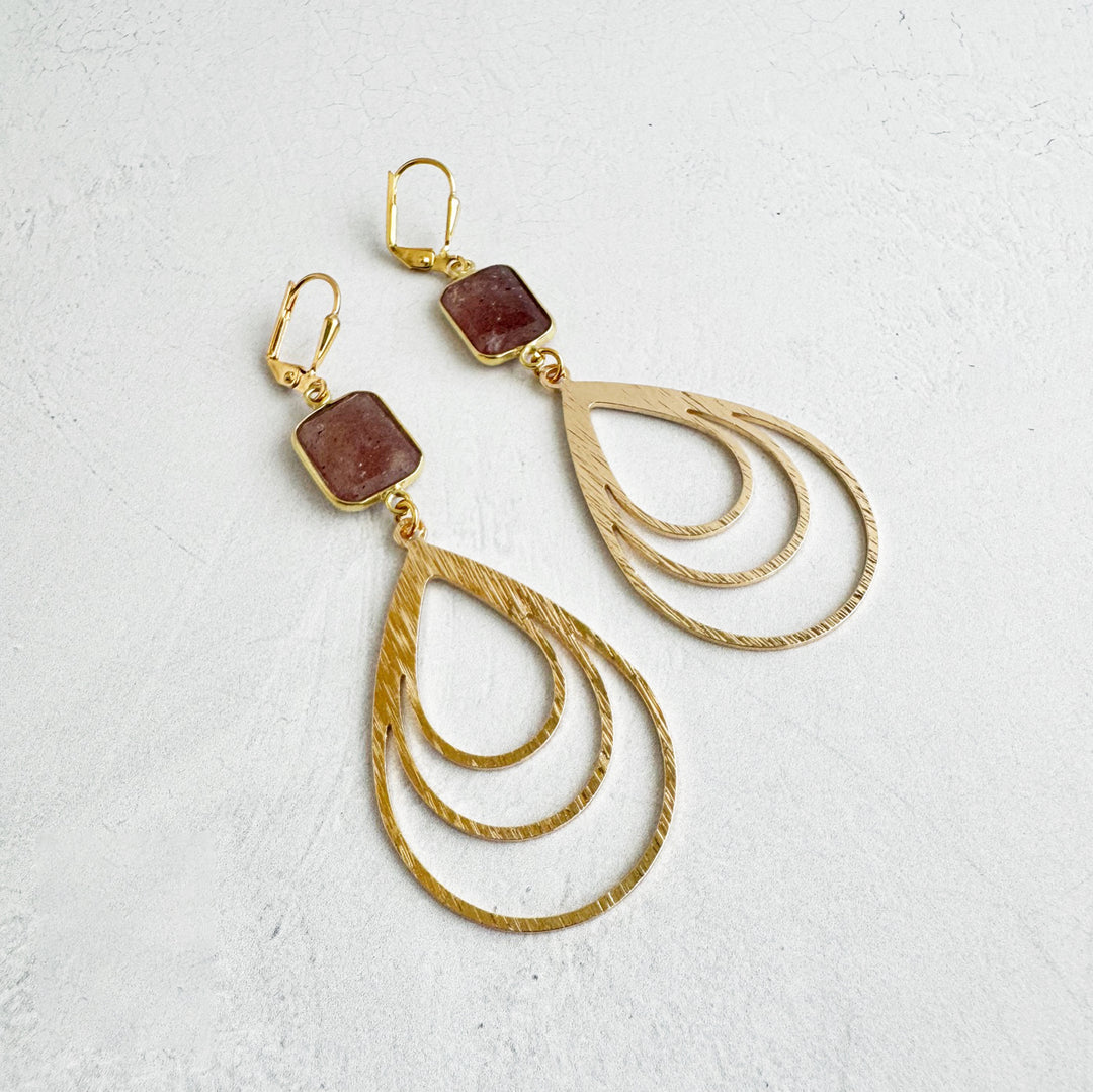 Strawberry Quartz Multiple Teardrop Earrings in Brushed Gold