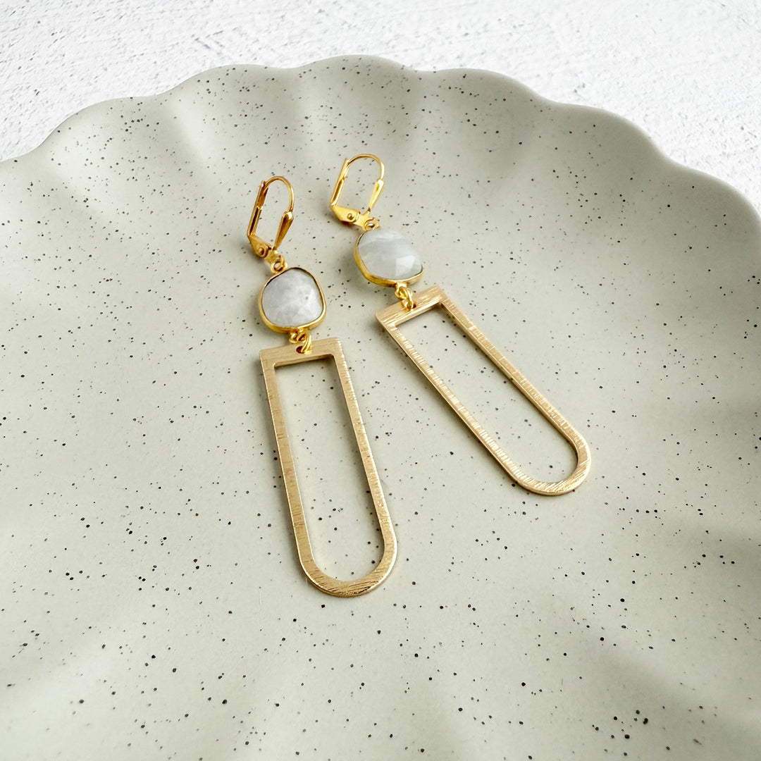 Moonstone Arch Dangle Earrings in Brushed Gold