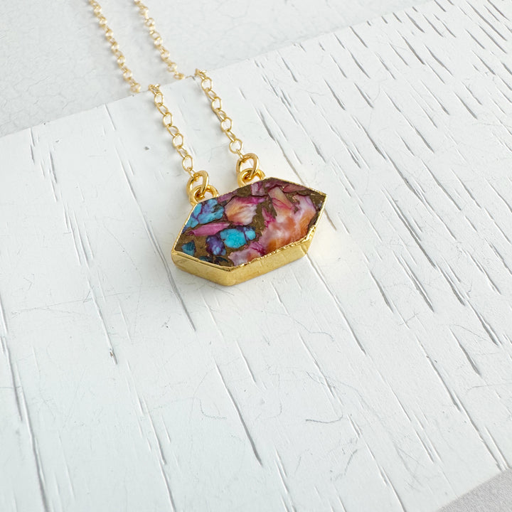 Pink Oyster Turquoise Rhombus Pendant Necklace on 14k Gold Filled Chain