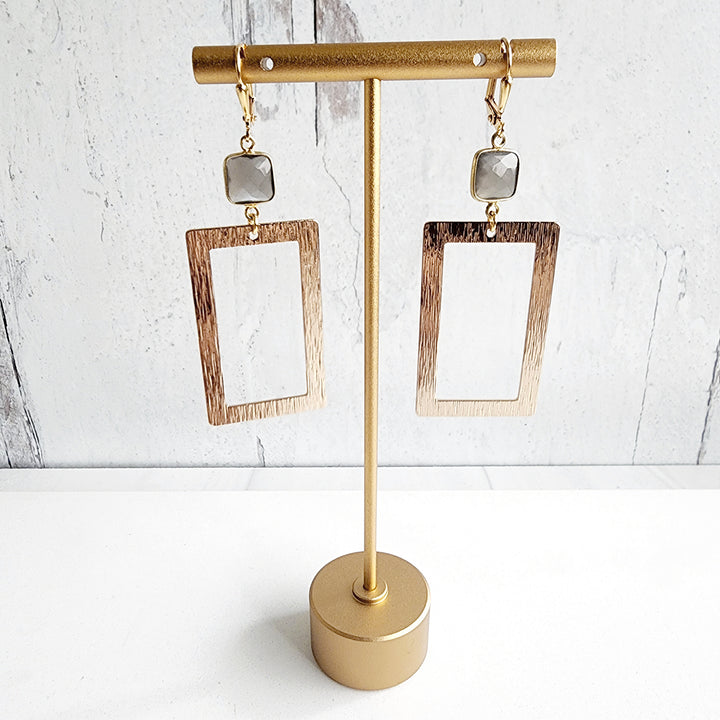 Smoky Quartz Rectangle Statement Earrings in Brushed Gold