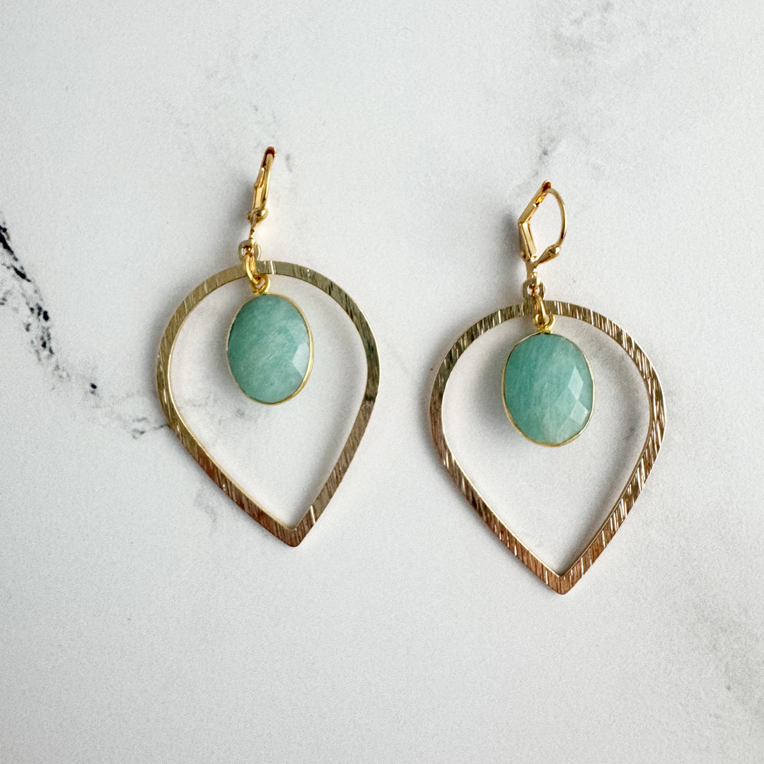 Amazonite Stone and Brushed Gold Inverted Teardrop Statement Earrings