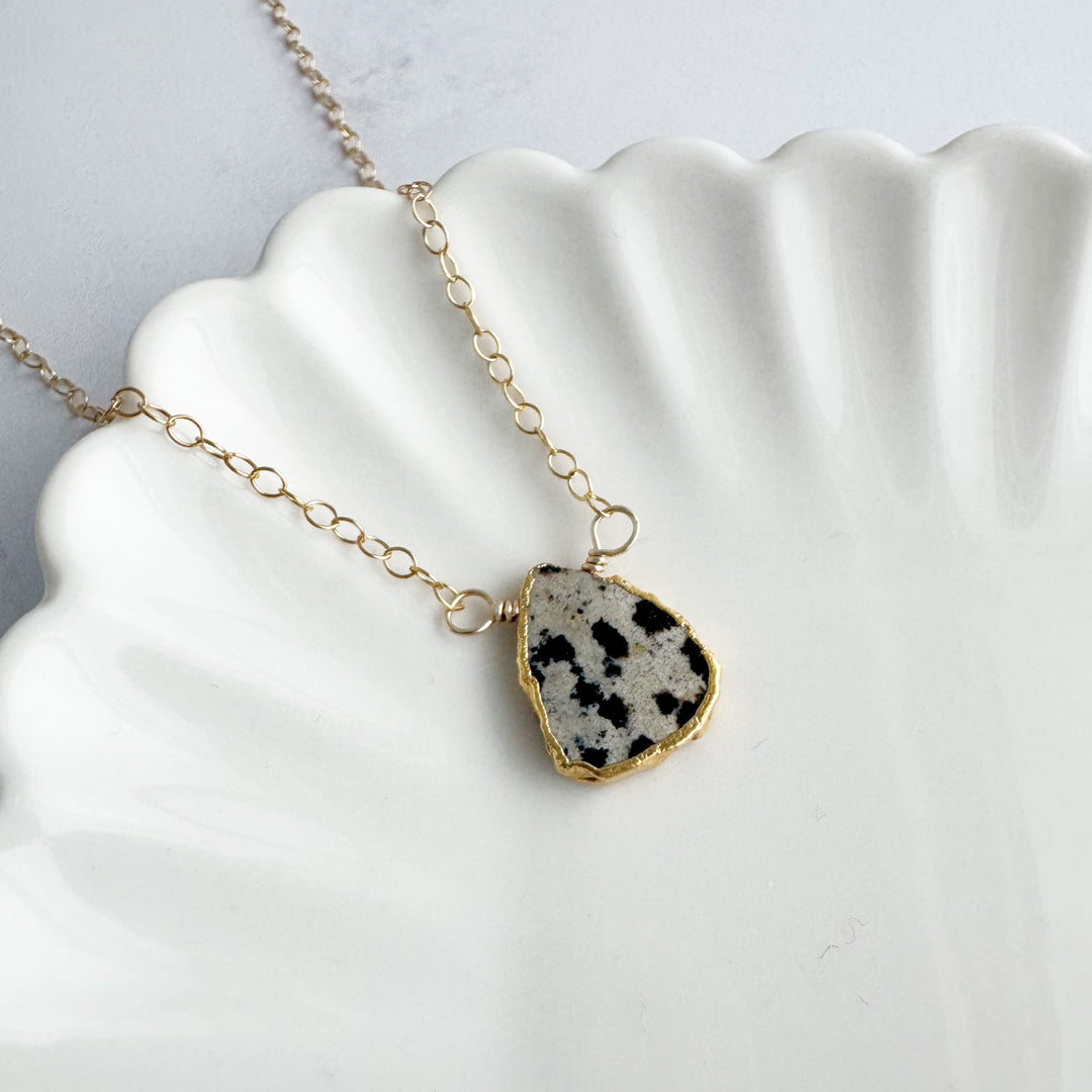 Dalmatian Jasper Gemstone Slice Necklace in Gold