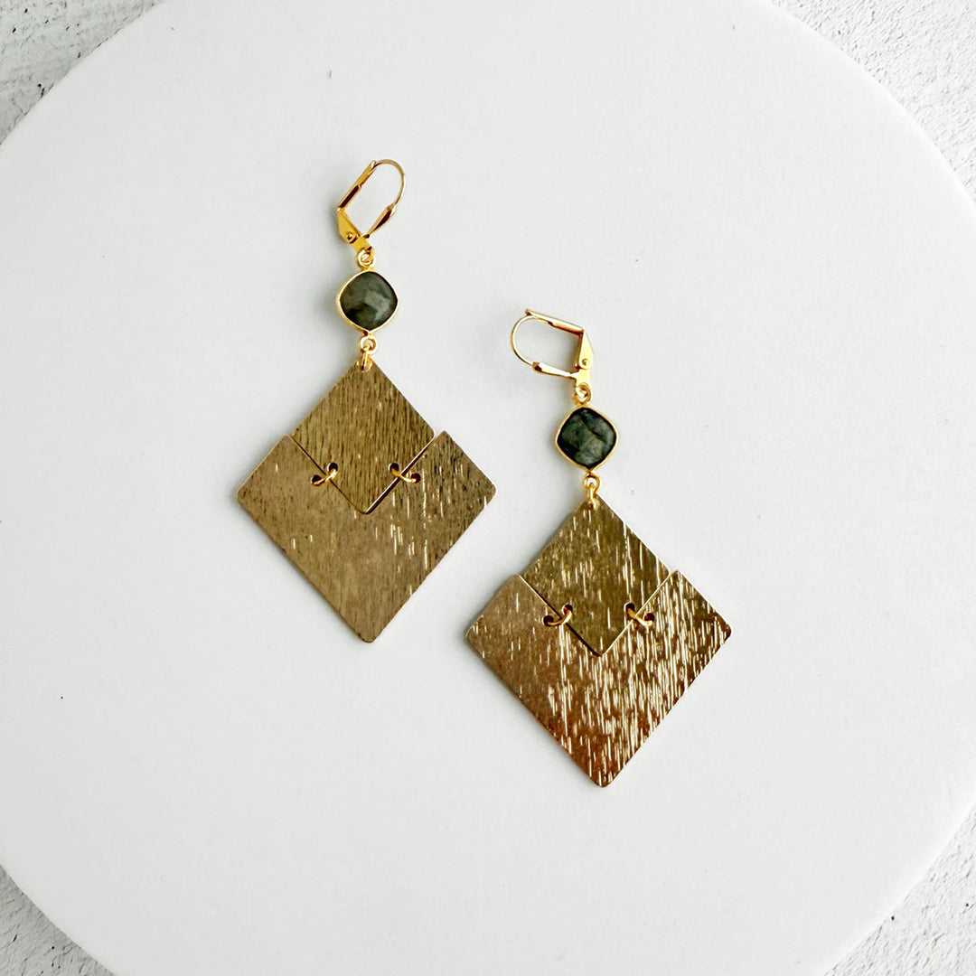 Labradorite Diamond Pendant Statement Earrings in Brushed Gold