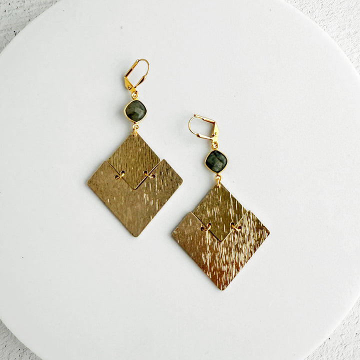Labradorite Diamond Pendant Statement Earrings in Brushed Gold