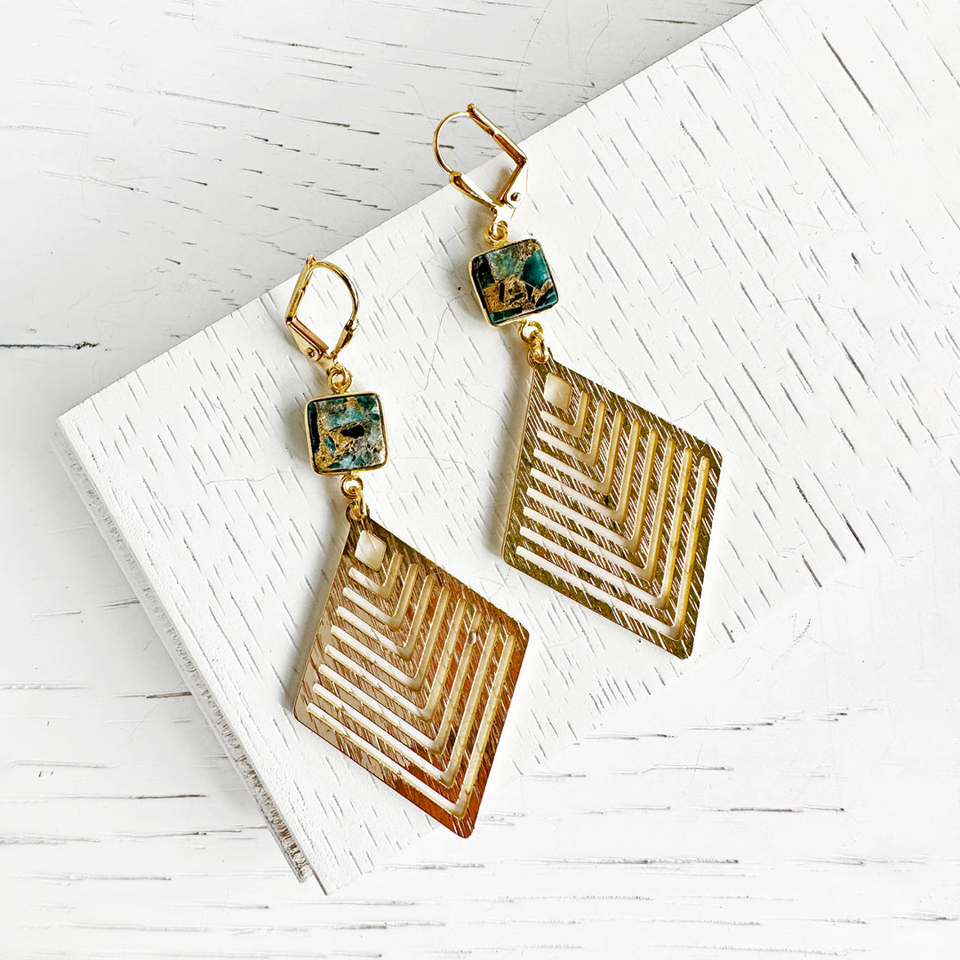 Teal Mojave Statement Earrings with Patterned Diamond Pendants in Brushed Gold