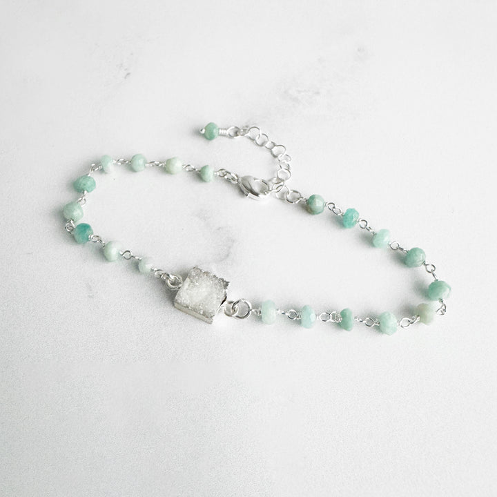 White Druzy and Amazonite Beaded Chain Bracelet in Silver