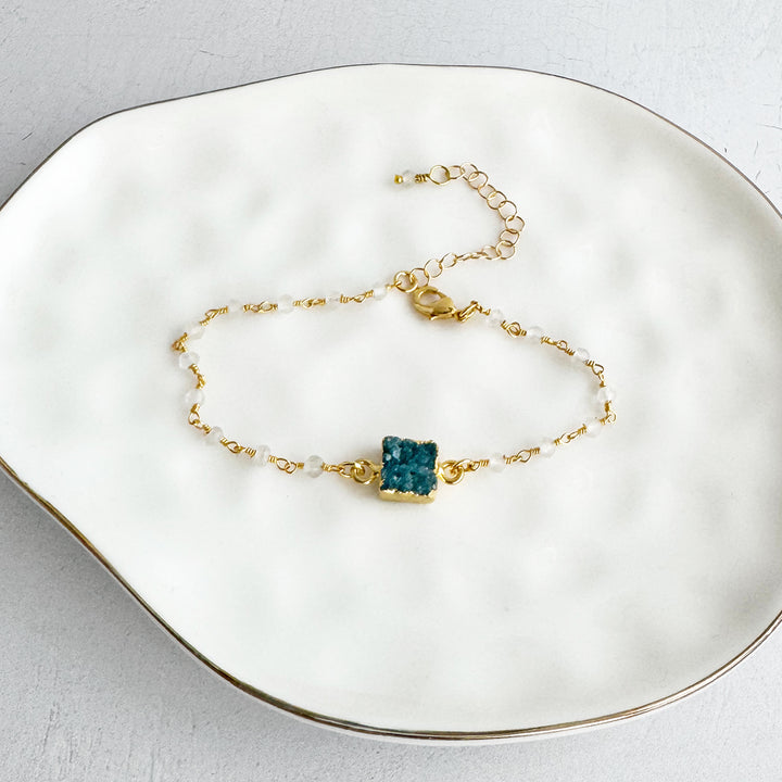 Aqua Druzy and Crystal Quartz Beaded Chain Bracelet in Gold