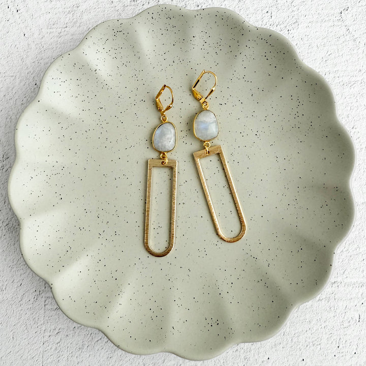 Moonstone Arch Dangle Earrings in Brushed Gold