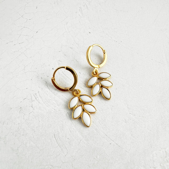 Dainty White Leaf Earrings with Gold Huggies