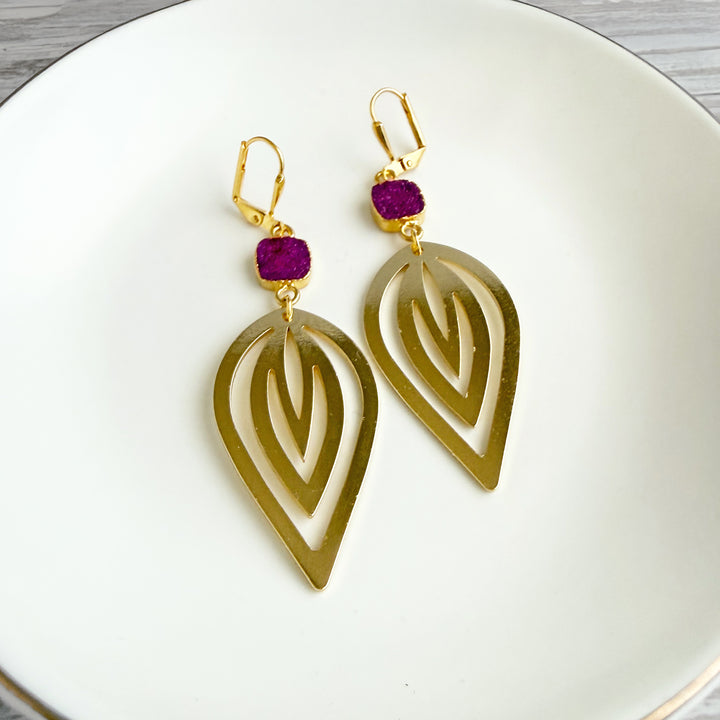 Fuchsia Druzy and Layered Teardrop Statement Earrings in Gold