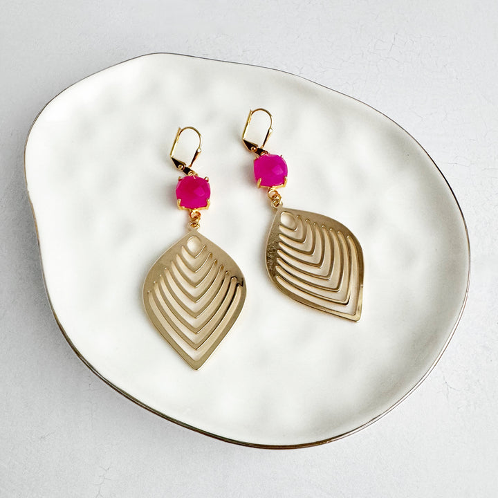 Fuchsia Chalcedony Marquise Leaf Earrings in Brushed Gold