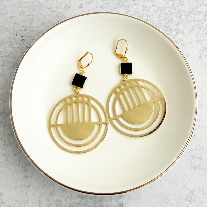 Geometric Hoop Earrings with Black Onyx Stones