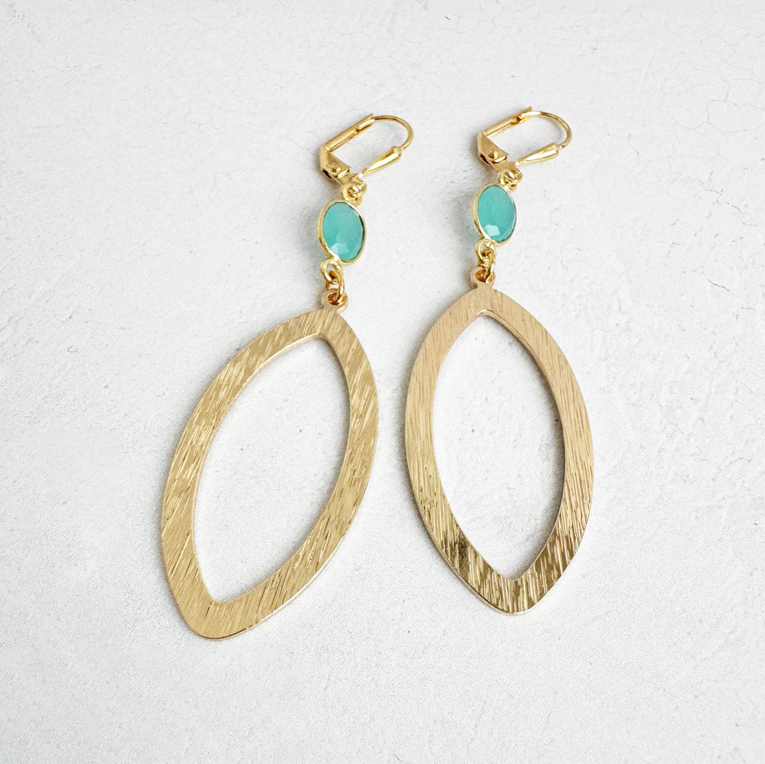 Aqua Stone Marquise Dangle Earrings in Brushed Gold