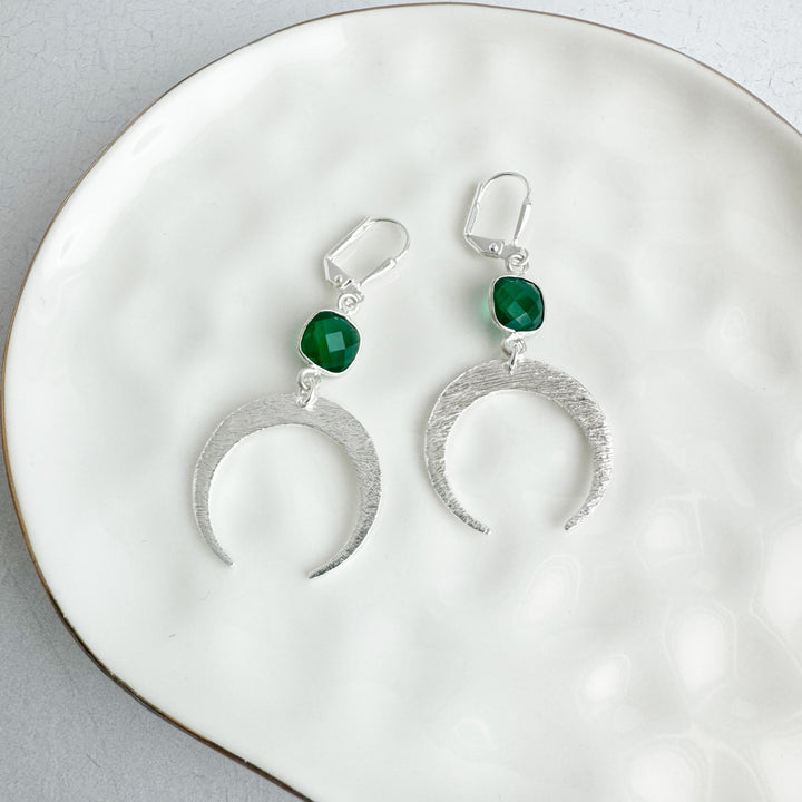 Green Stone and Brushed Silver Crescent Dangle Earrings