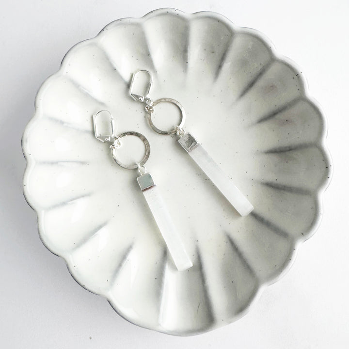 Selenite Bar Hoop Drop Earrings in Silver