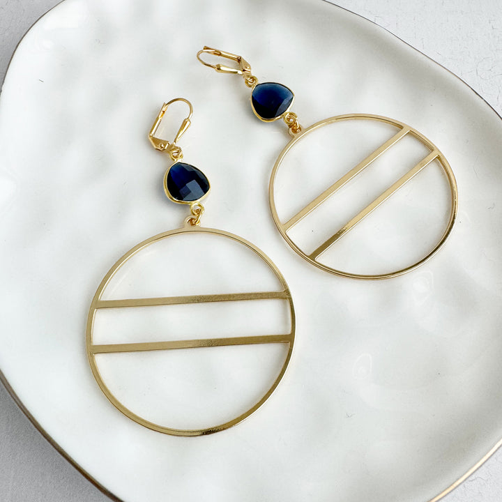 Geometric Hoops with Blue Lolite Stones in Gold and Silver