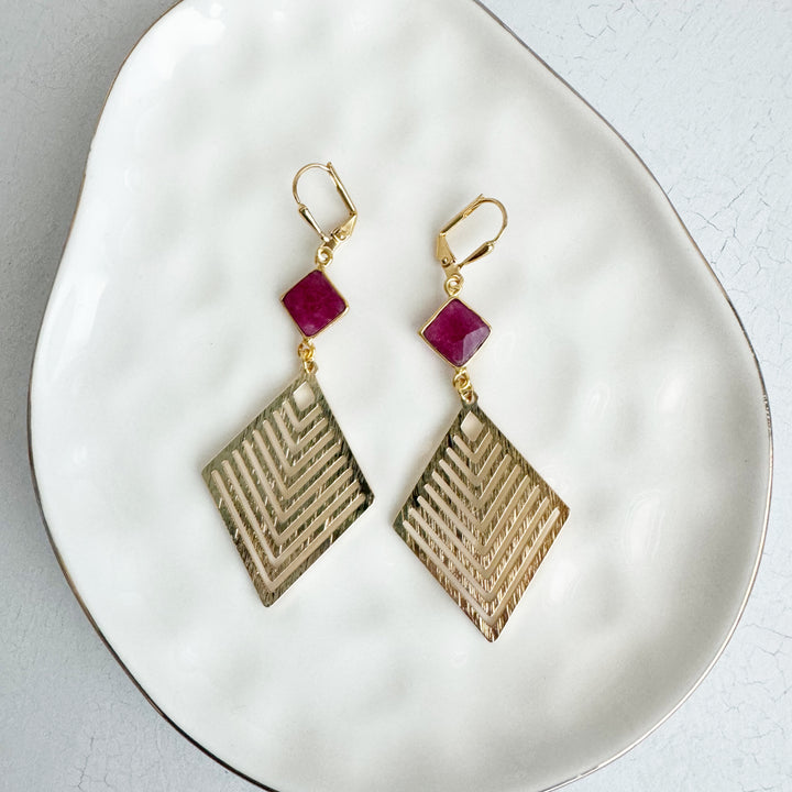 Ruby and Brushed Gold Patterned Diamond Statement Earrings in Gold