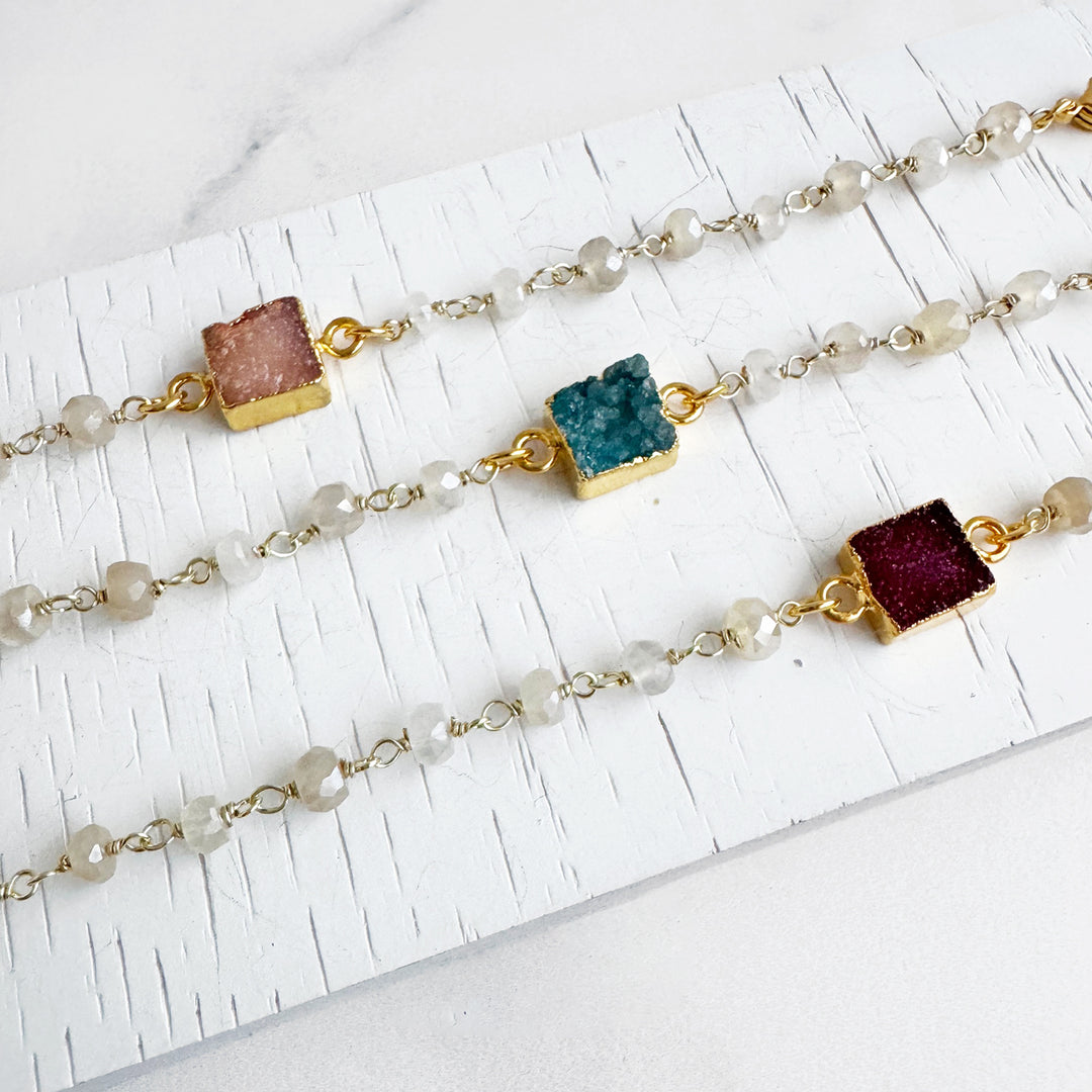 Druzy Quartz Beaded Chain Bracelet in Gold