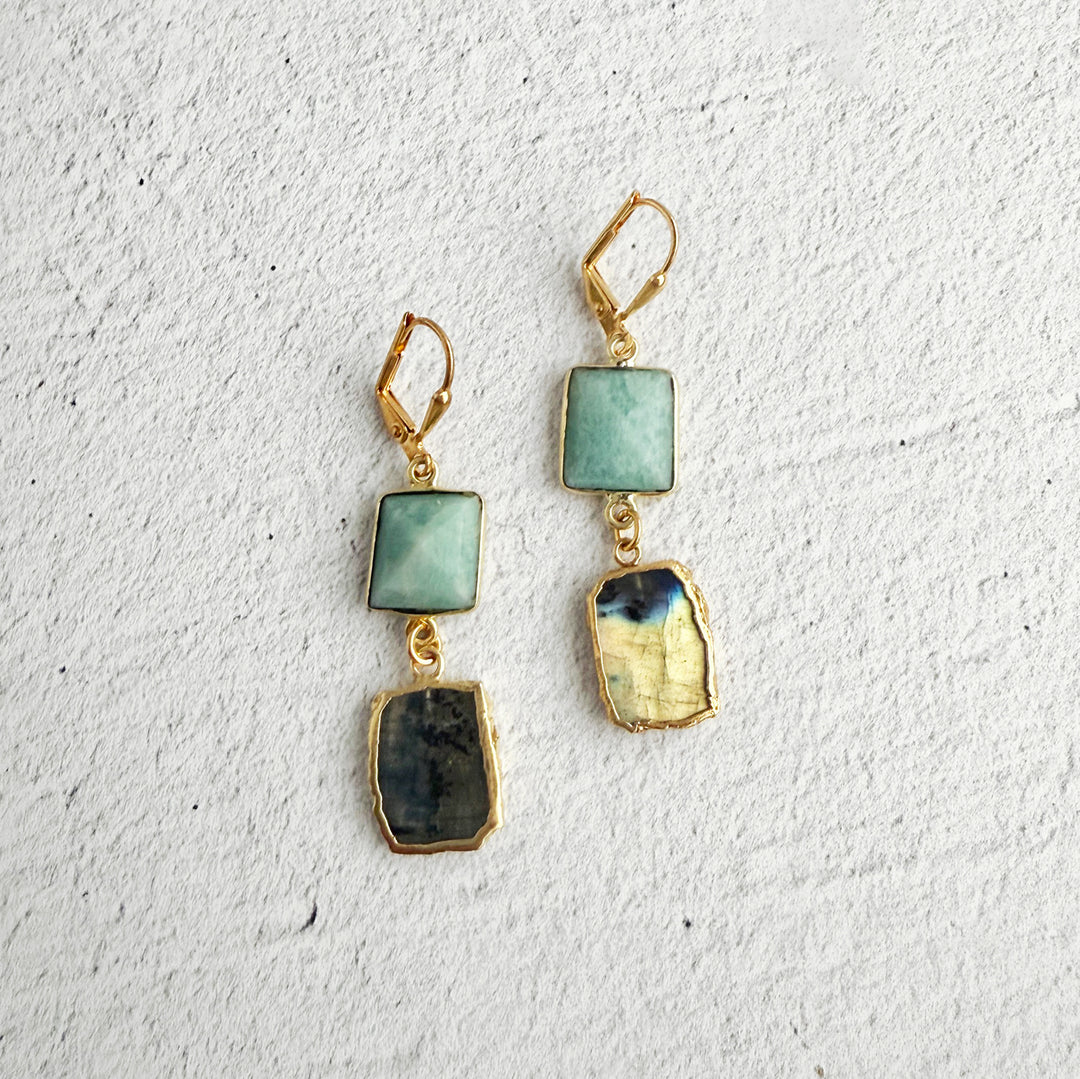 Long Freeform Gemstone Drop Earrings in Gold with Labradorite and Amazonite