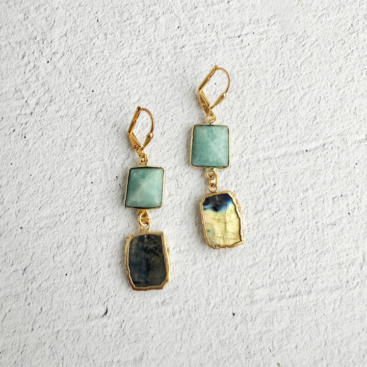 Long Freeform Gemstone Drop Earrings in Gold with Labradorite and Amazonite