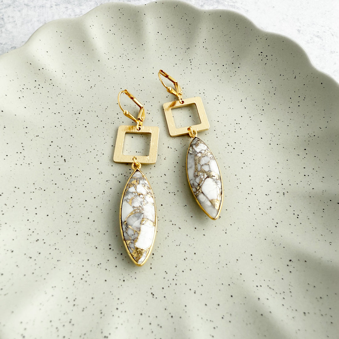 White Mojave Marquise and Square Dangle Earrings in Brushed Gold