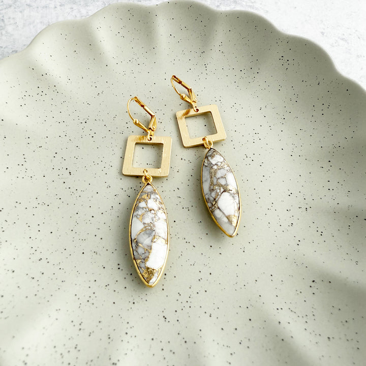 White Mojave Marquise and Square Dangle Earrings in Brushed Gold