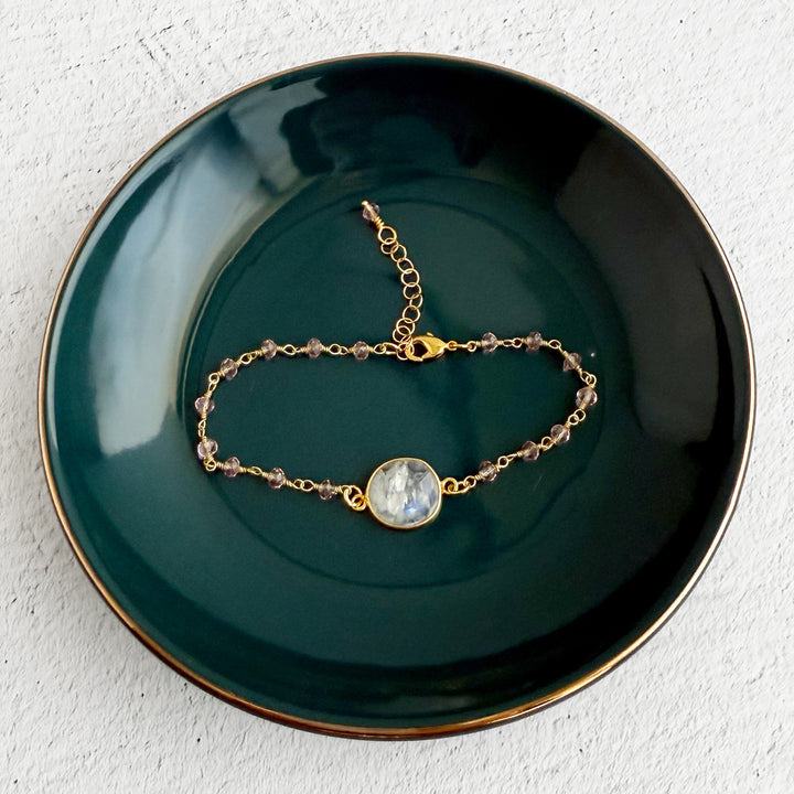 Moonstone and Pink Crystal Beaded Chain Bracelet in Gold