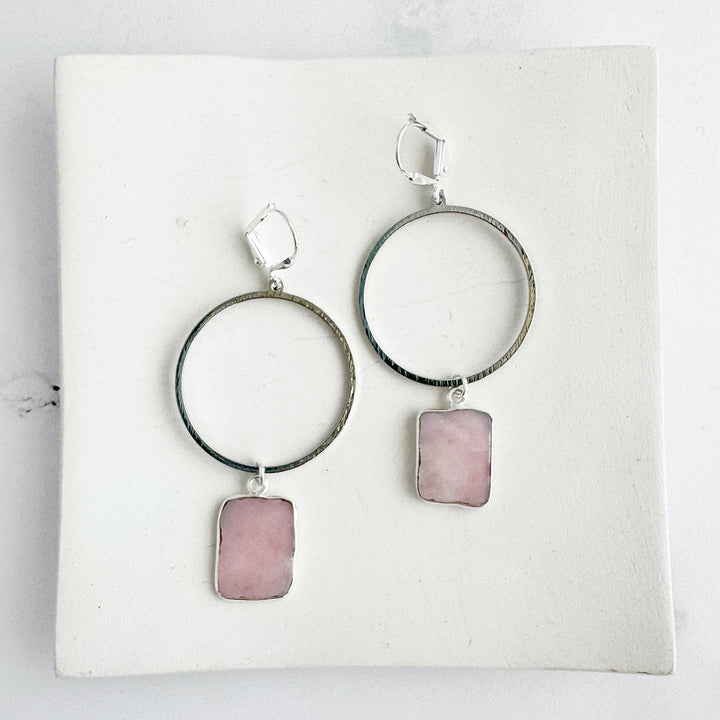 Freeform Pink Opal Hoop Dangle Earrings in Brushed Silver