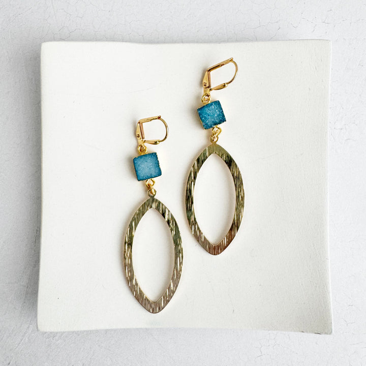 Ocean Blue Druzy Marquise Dangle Earrings in Brushed Gold