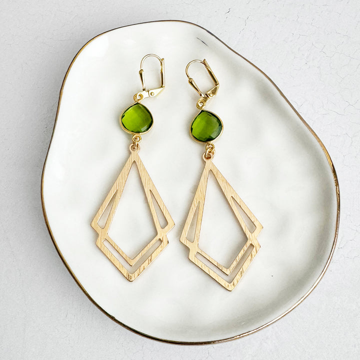 Olive Green Quartz Double Kite Earrings in Brushed Gold