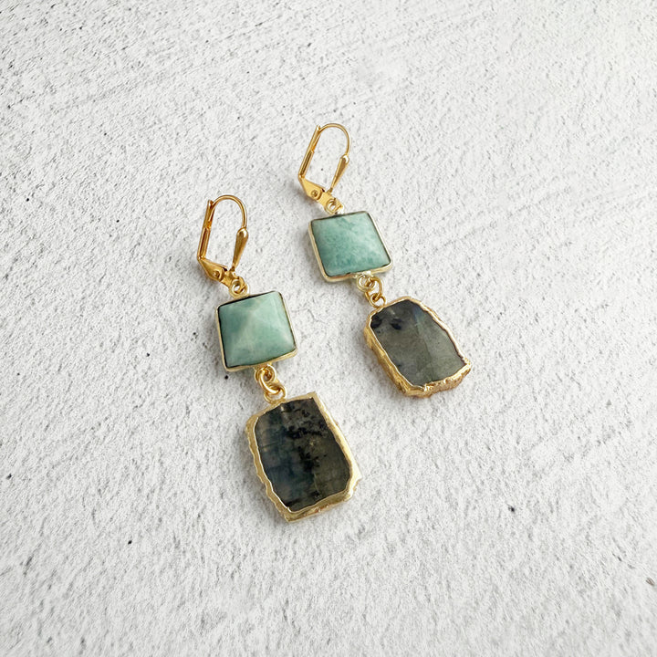 Long Freeform Gemstone Drop Earrings in Gold with Labradorite and Amazonite