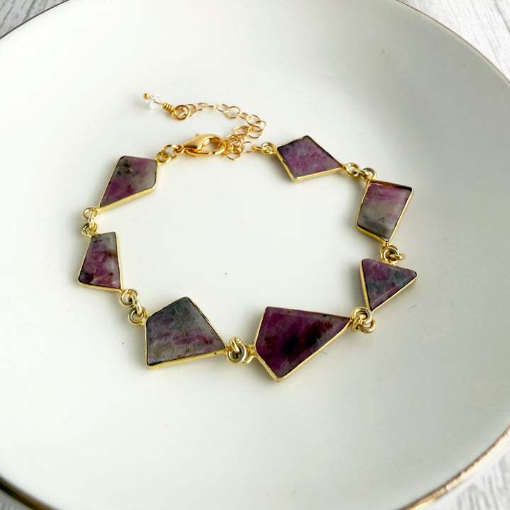Ruby Zoisite Freeform Statement Bracelet in Gold