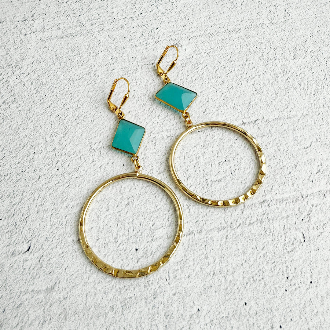 Aqua Chalcedony Hoop Earrings in Hammered Gold