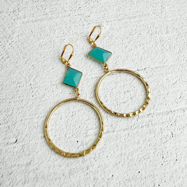 Aqua Chalcedony Hoop Earrings in Hammered Gold