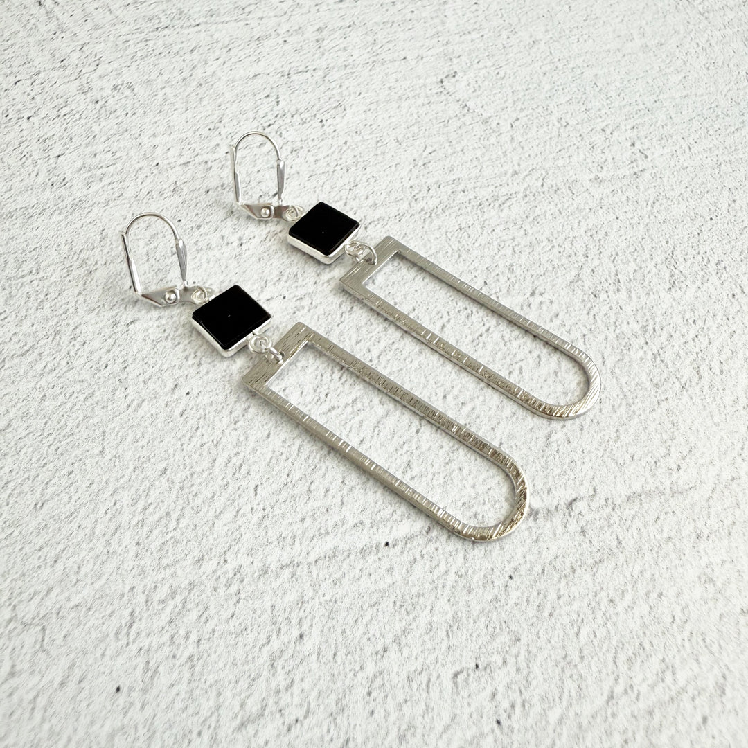 Black Onyx Horseshoe Dangle Earrings in Brushed Silver