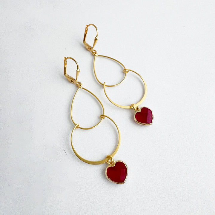 Fuchsia Chalcedony Heart Double Drop Earrings in Brushed Gold