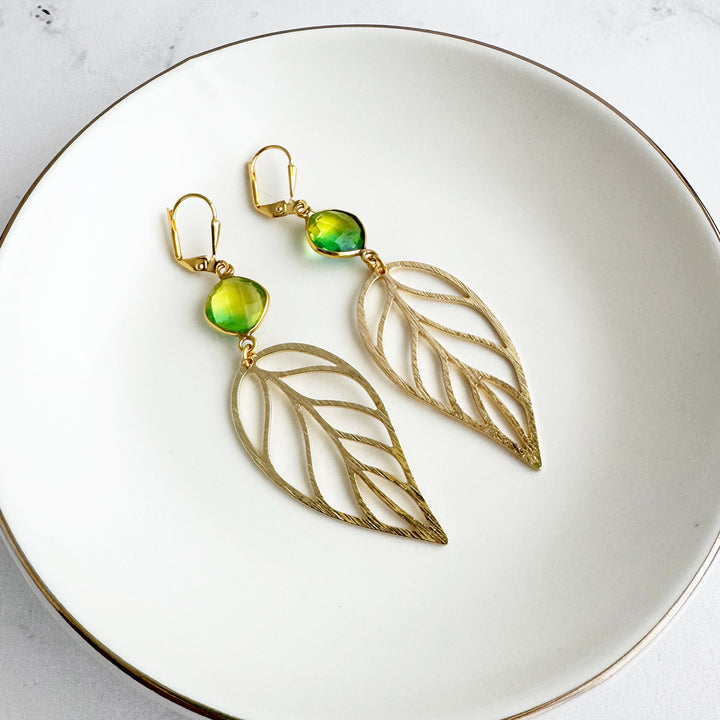 Green Aura Quartz Leaf Statement Earrings in Brushed Gold